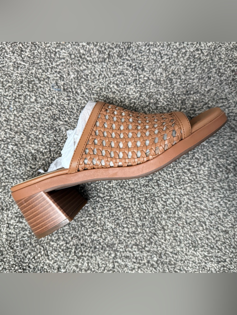 Clarks Tan Woven Leather Mule with Low Block Heel